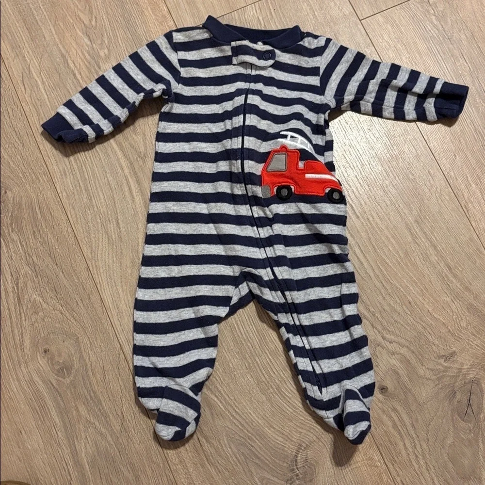 Striped Baby sleeper footie with Firetruck